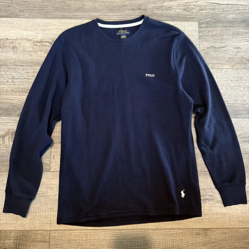 POLO RALPH LAUREN Large Navy Blue Waffle Knit Thermal Sleep Shirt Crewneck